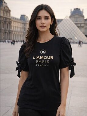 River Island Black L’Amour Paris Graphic Tee Puff Sleeve Bow Top Size 2